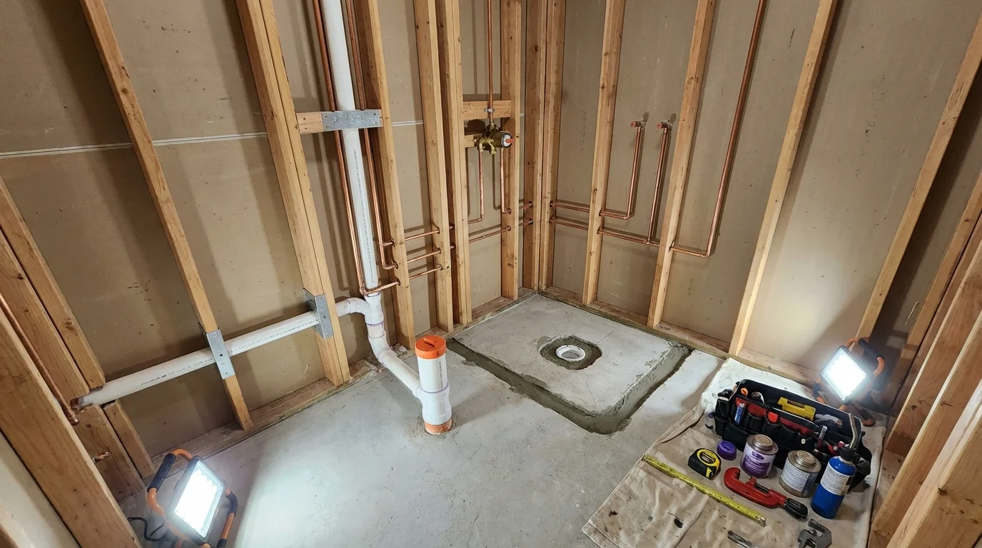 Bathroom rough-in plumbing during remodel by Johns Plumbing LLC in Staunton