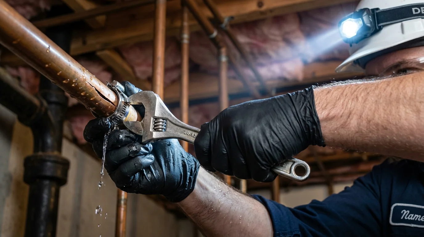 Emergency pipe clamp repair being performed by a Johns Plumbing LLC plumber in Staunton
