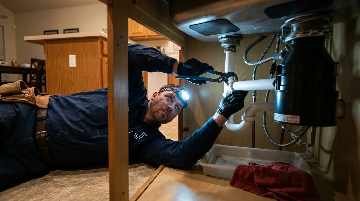 P-trap and supply line connections under a kitchen sink showing a common leak point in Staunton, VA